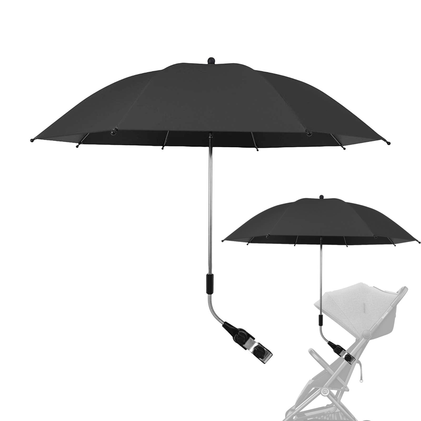 Pram Parasol, 50+ UV Stroller Umbrella, Universal UV Parasol Sun Canopy with 360° Adjustable Sun Shade for Pram with Adjustable Fixing Clamp for Safe Summer Walks (Black)