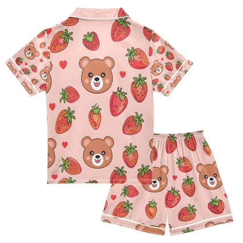 senya Cute Face Bear Strawberries Satin Summer Pajama Sets Silk Short Sleeve Button Down Sleepwear2