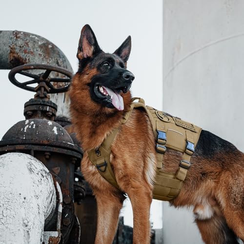 OneTigris Hundegeschirr, Torpedo Taktisches Geschirr mit 4 Metallschnallen 3 Metall-D-Ringen 2 Griffe und Reflexstreifen No-Pull Einstellbar Sicherheitsgeschirr für Große/Mittlere Hunde - Braun L