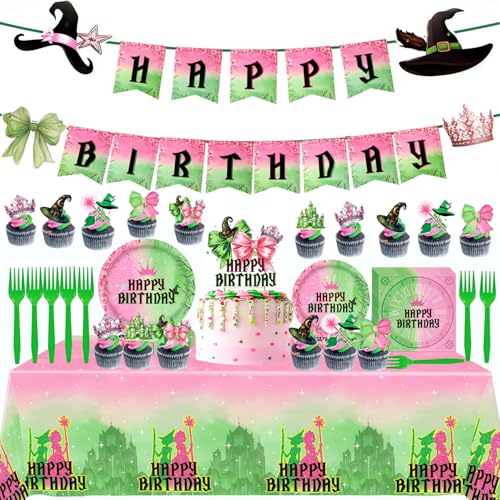 Witch Princess Birthday Party Tableware Supplies Set Includes Dinner Dessert Plates Napkins Cupcake Toppers Banner and Tablecloth for Pink and Green Birthday Party Decorations