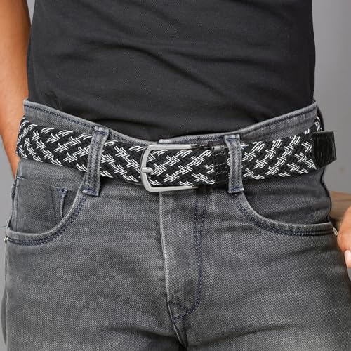 Image of LOUIS STITCH Men's Braided Elastic Stretch Belt with Leather Tipped End Stretchable Canvas Waist Band for Men Women Boys Girls Unisex (Width 3 cm) (BE-EL)