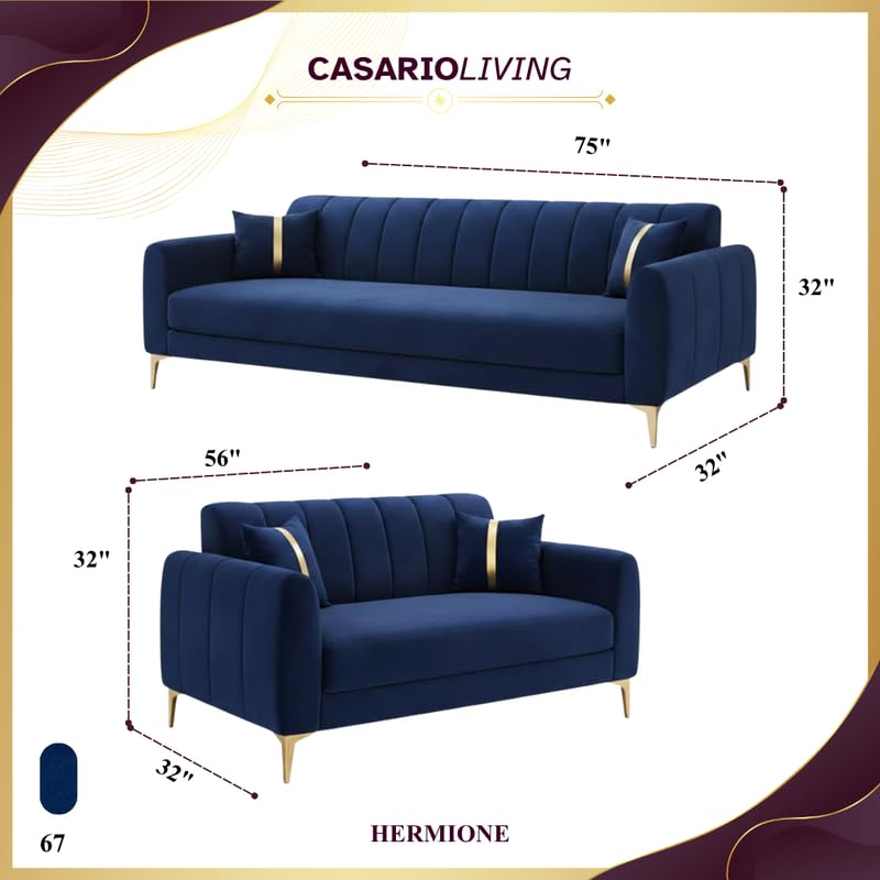 Image of Hermione Luxe Velvet-Suede Fabric 3 Seater + 2 Seater Sofa Set | Golden Legs | Comfortable & Spacious Seating | Modern Sofa Set for Living Room - Dark Blue