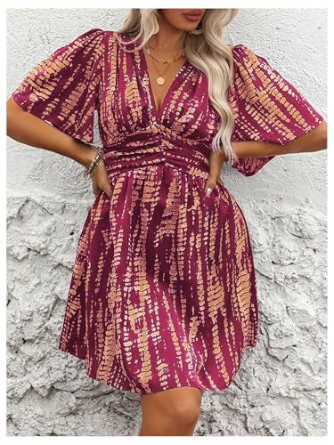 Image of Floerns Women's Plus Size Printed V Neck Short Sleeve Ruffle Hem Summer Short Dresses