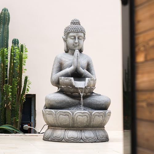 Image of Buddha Freestanding Outdoor Water Fountain, Resin & LED, 32.7 in