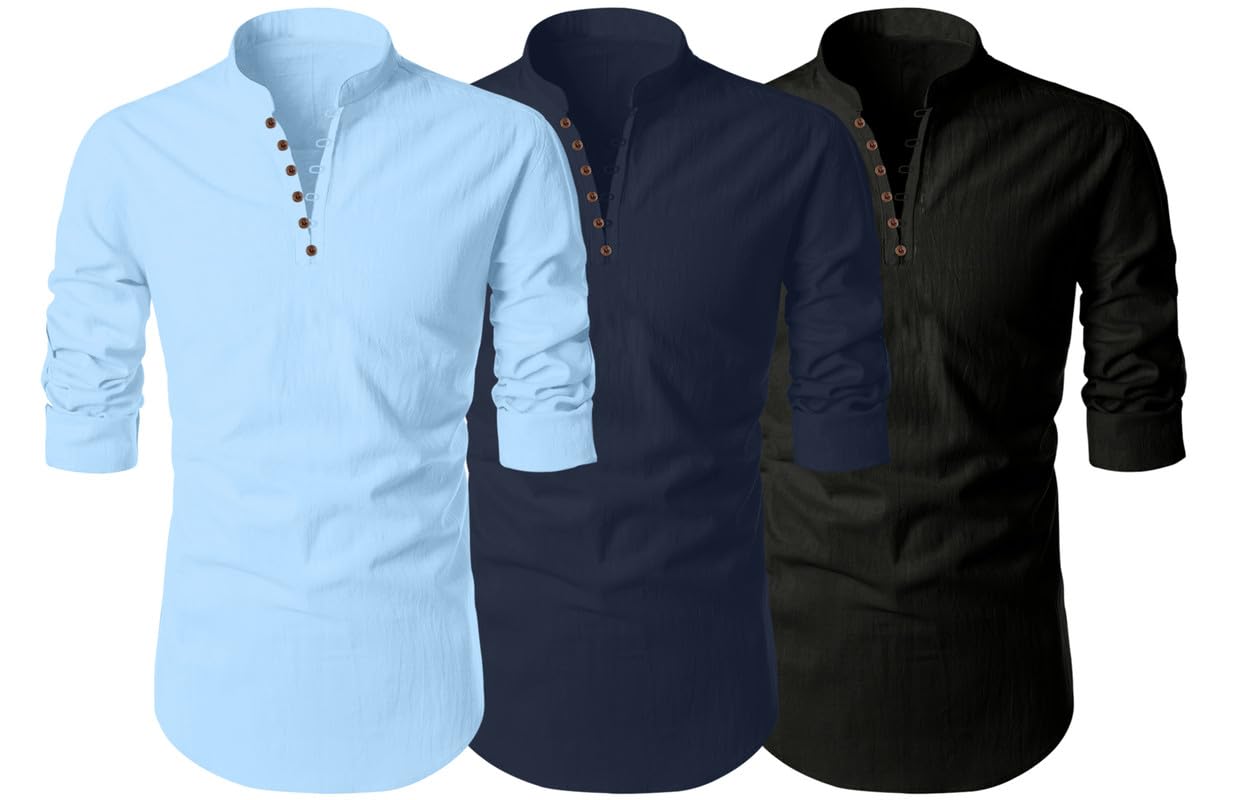 finivo fashion Men's Cotton Blend Regular Fit Solid Casual Kurta Shirt Pack of 3-picture-15