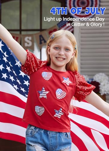 Image of BesserBay Girls 4th of July Sequins Stars Shirt Stripes Puff Short Sleeves Top Shiny Crew Neck Blouse 6-14 Years