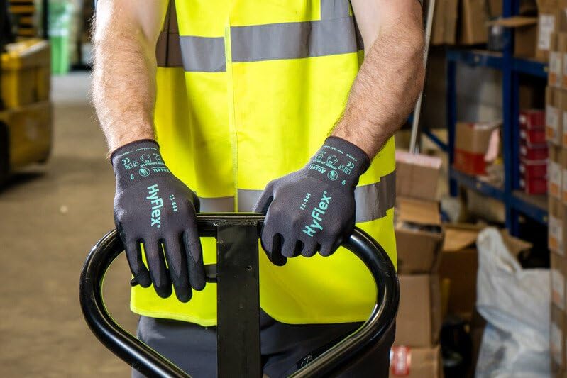 Ansell HyFlex 11-844 Professionelle Arbeitshandschuhe, Rutschfeste Nitril-Beschichtung, Industrie-Schutzhandschuhe für Mechanik und Werkstatt, Montagehandschuhe, Schwarz, Größe 2XL (12 Paar)