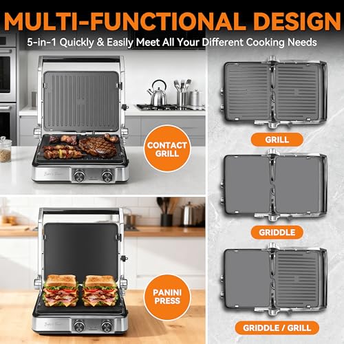 Image of Baker's Friend 4-slice Panini Press Grill Cheese Sandwich Maker, Electric Grill Indoor with Temperature Setting, Opens 180 Degrees, Dual Non-stick Surfaces, 4-circle Silicone Mold, Reversible Plates