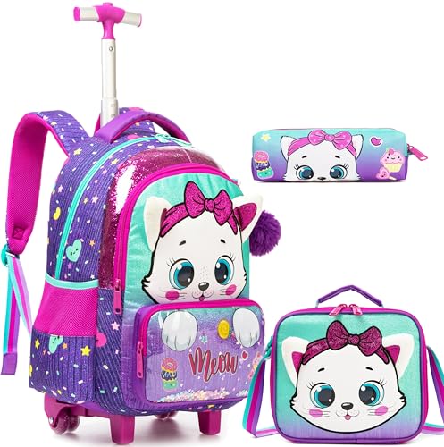 Rolling Backpack with Wheels for Girls Kids Cute Cat Rolling Backpack with Lunch Bag and Pencil Case Set Kids Travel Luggage for Elementary Girls Ages 5-12