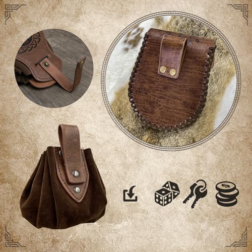 3 PCs Medieval Faux Leather Belt Bag Set, Renaissance Drawstring Pouch Dice Bag, Vintage Side Pack Coin Purse for LARP (Brown A)2