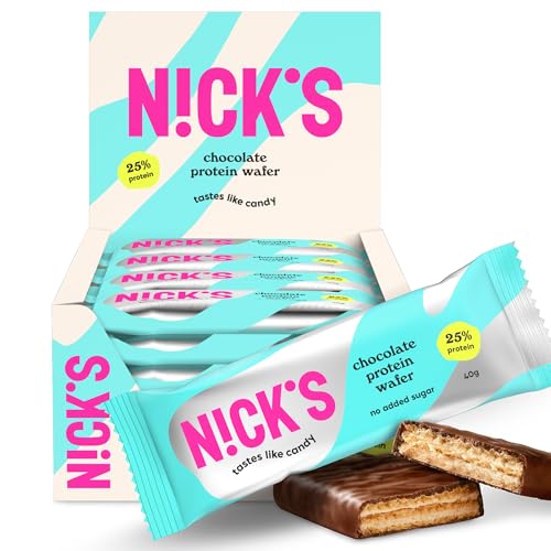 NICKS Protein wafer chocolate 25% de proteína, 198 calorias, barras protetoras de bolacha sem açúcar adicionado Low Carb Snack Bar sem glúten (24 x 40 g)
