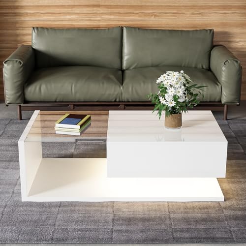 QSOST Table Basse avec Éclairage LED RGB 16 Couleurs, Table de Salon Blanc Laqué Moderne avec Plateau en Verre Trempé et Compartiment de Rangement, Meuble...