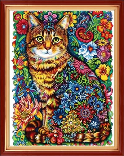 Artvxeay Stamped Cross Stitch Kits - Embroidery Kits for Beginners Cross Stitch Kits for Kids Adults 11 CT Printed Patterns Needlepoint Kits - Colorful Flower Cat 16x20 inch