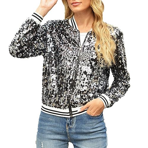 Genérico Abrigo Chaqueta de manga larga con lentejuelas y cremallera con cuello en V para mujer Otoño Invierno Abrigo Invierno Mujer Elegante (Black, S)