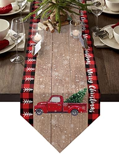 Z&L Home Linen Burlap Table Runner Dresser Scarves,Retro Red Truck and Christmas Tree Table Runners for Dinner Holiday Party, Christmas Eve, Kitchen Dining Decor Farmhouse Wood Grain 13x120in