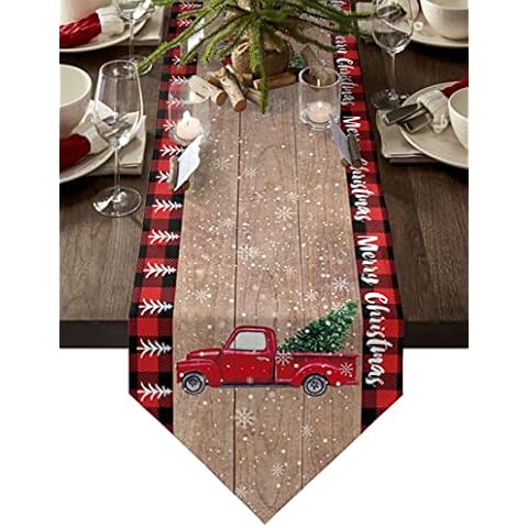 Z&L Home Cotton Linen Christmas Table Runner Burlap Dresser Scarves,Retro Red Truck and XMAS Tree Table Runners for Dinner Holiday Cover