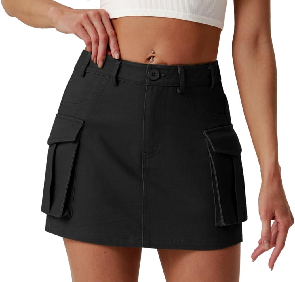 Cargo Skirt Y2K Mini High Waisted Elastic Bodycon Denim Jean Flap Button Skirts with Pockets