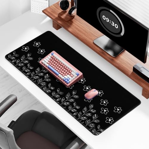 Image of Auhoahsil Desk Mat, Ultra Large Mouse Pad, XXL Gaming Mousepad, Pretty Desk Pad, Big Extended Full Size Desktop Desk Matt for Keyboard, Laptop & Computer, 35.5 x 15.7 in, Minimalist Flower Black