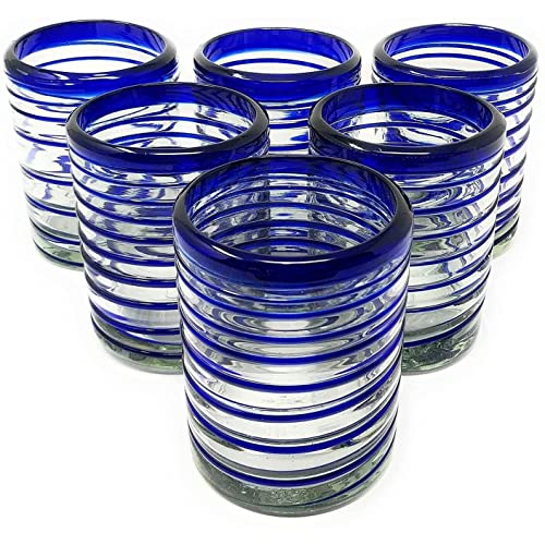 Set de 6 vasos de vidrio soplado mexicano azul 10 oz