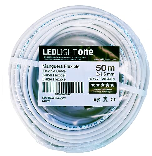 Led Light One Cable H05VV-F Manguera 3x1,5mm 50m (Blanco) Tensión de servicio: 500v Temperatura máxima de trabajo 70º.Cables para instalaciones fijas y móviles en locales domésticos y oficinas.
