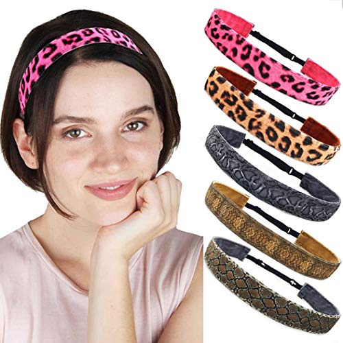 Dresbe Boho Leopard Print Headbands Yoga Hair Bands Adjustable Head Scarfs Stretchy Hair Accessories for Women and Girls(Pack of 5)