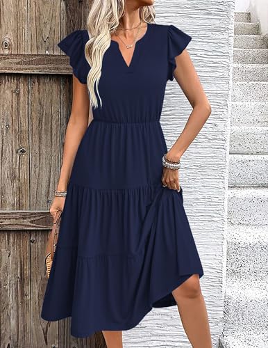 Image of ZEAGOO Womens Summer Casual Dresses Ruffle Sleeve V Neck Midi Dress Flowy Tiered Dress with Pockets Boho Sundresses