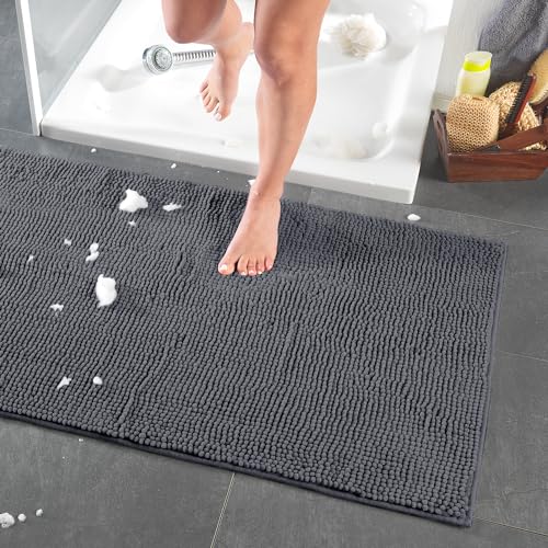 Dreamhome hochwertige große Badematte 65x110 rutschfest Badezimmerteppich Badvorleger schnell trocknender pflegeleichter Duschvorleger Farbe: Grau