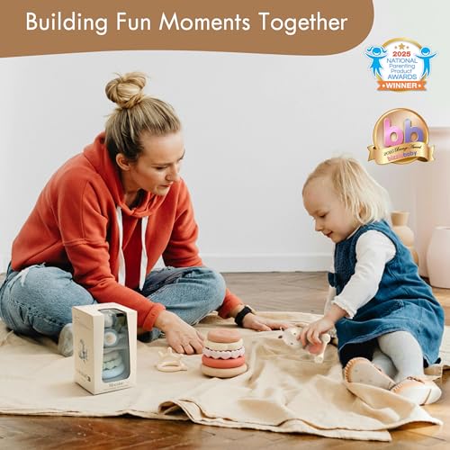 Image of Moonkie Bunny Silicone Stacking Rings, 7-Piece Baby Teething Toy, 6M+ | 7 Textured Rings, Cute Bunny Teether Topper, Early Learning, Dishwasher Safe, Beautiful Gift Box, Baby Gift for Girls