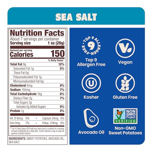 Image of Jackson's Sweet Potato Kettle Chips with Sea Salt made with Avocado Oil (7 Ounce, Pack of 6) - Allergen-friendly, Gluten Free, Peanut Free, Vegan, Paleo Friendly - Shark Tank Product