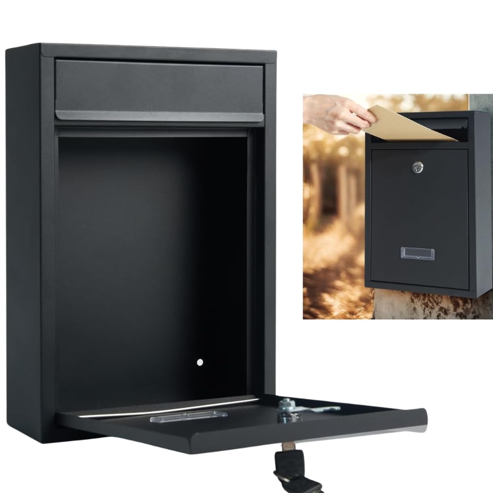 Buzón de pared – Buzón de acero impermeable con cerradura y 2 llaves | Buzón exterior con cerradura para el hogar u oficina | Diseño grande resistente a la intemperie - 9 x 21,5 x 32 cm (negro) Sucasa