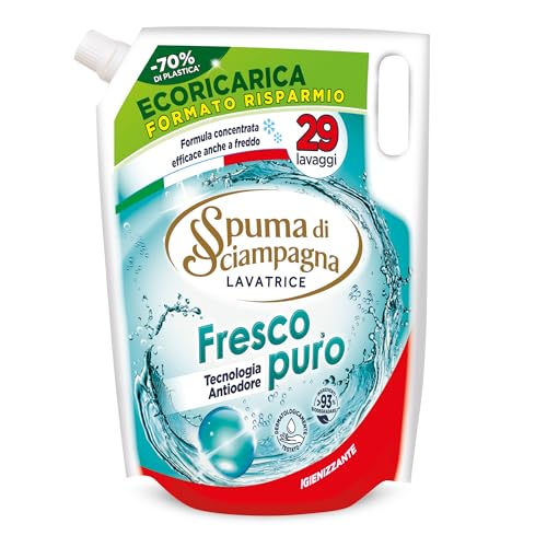 Spuma di Sciampagna - Ecoricarica Detersivo Lavatrice Fresco Puro, Formula Concentrata con Tecnologia Antiodore, Igienizzante con 93% di Ingredienti Biodegradabili - 1305 ml, 29 Lavaggi
