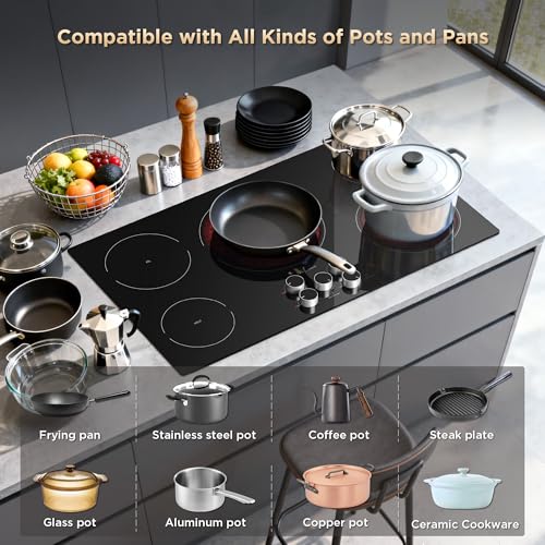 Image of 36 Inch Electric Cooktop 5 Burners, Electric Stove Top with Knob Control, Built-in Ceramic Stove, Fast Heat, 9 Heating Level, 9000W with Hard Wire for 220V~240V