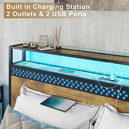 Adorneve Led Bed Frame Full Size With Charging Outlets And 2-Tier Storage Headboard, Metal Platform Bed With Storage Drawers, Full Bed Frame With 2 Led Lights,No Box Spring Needed,Vintage Brown #TOP4