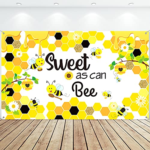 Sweet as Can Bee Backdrop Bee Party Photo Booth Banner Bee Theme Party Decoration Supplies Photography Background for Honeycomb Baby Shower Gender Reveal Kids Bee Day Birthday Party, 73 x 43 Inch