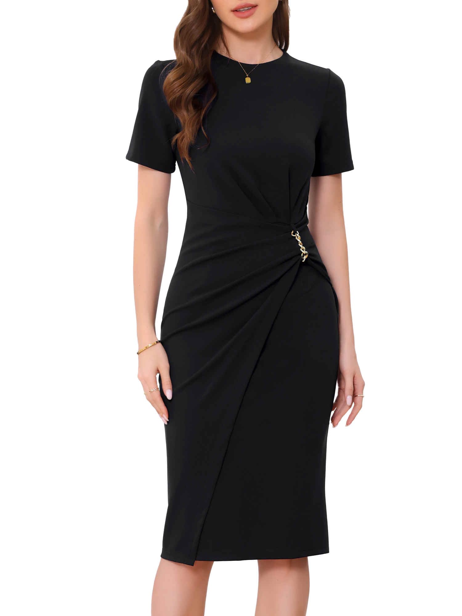 Allegra K Work Dresses for Women Short Sleeve Crew Neck Wrap Business Office Sheath Dress 2025