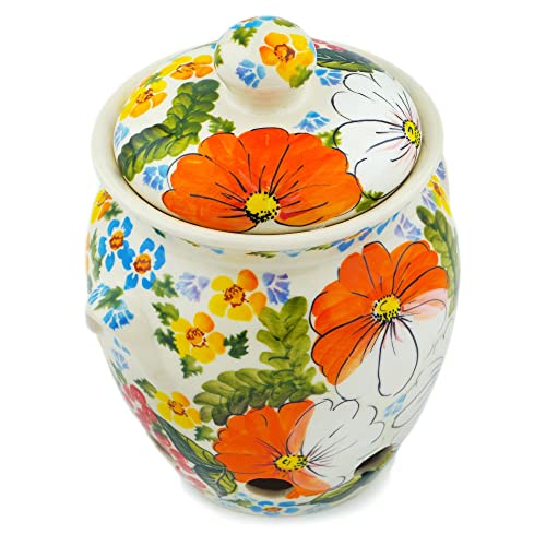 Authentic Polish Pottery 7-inch Garlic and Onion Jar (Summer Walk Theme) Signature UNIKAT + Certificate of Authenticity