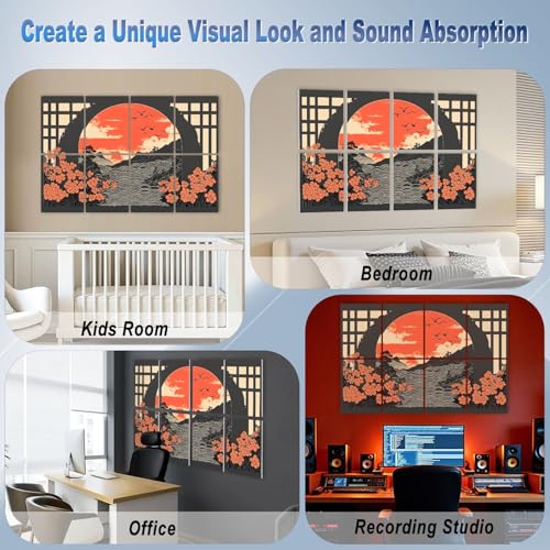 8 Pack Paneles Acústicos Auto Adhesivos Tradicional Paisaje Japonés Ondas Pájaros Elementos Florales Paneles Decorativos para Pared Aislantes de Sonido 48"x32" para Oficina Hogar Estudio miniatura 7