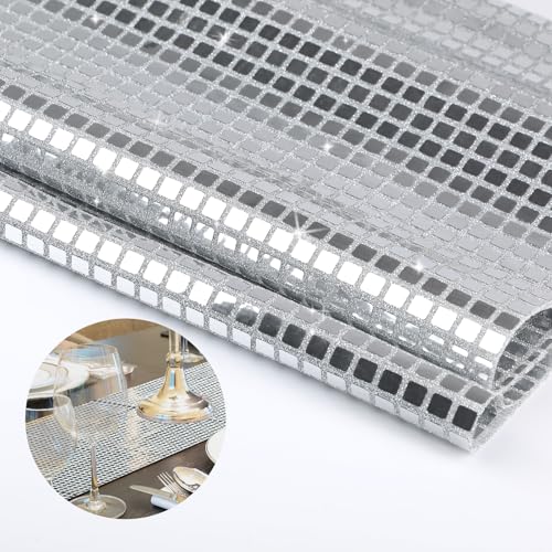 12 x 72 Inches Glitter Disco Mirror Silver Sparkle Sequin Tablecloth Retro 70s 80s Theme Decorations Bachelorette Supplies Dance Party Decor Wedding