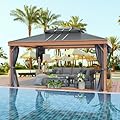 MELLCOM 12'x16' Hardtop Gazebo Wood Grain Aluminum Frame Hardtop Gazebos with Galvanized Steel Roof, Curtains and Nettings for Backyard,Patio and Garden