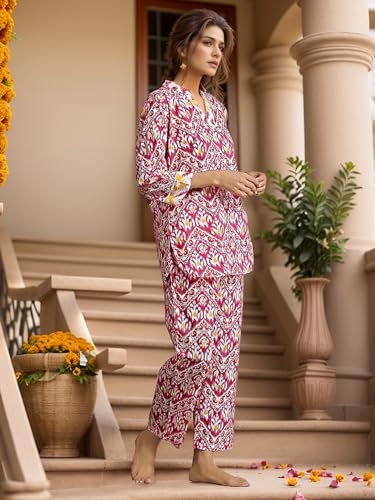 Image of NAINVISH Women Rayon Blend Floral Ethnic Co-Ord Set | Casual Wear Pant Top Set | Fancy | Full Pair Set | Co Ord Set Stylish | Winter | Top & Pant Set