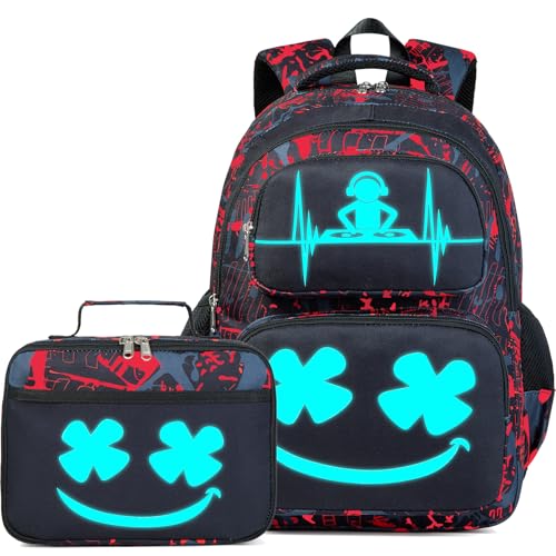 AUIVTY Mochila para meninos e meninas com lancheira que brilha no escuro, para crianças de 4 a 12 anos, ensino fundamental e médio, Vermelho com branco, Medium, Mochilas Daypack