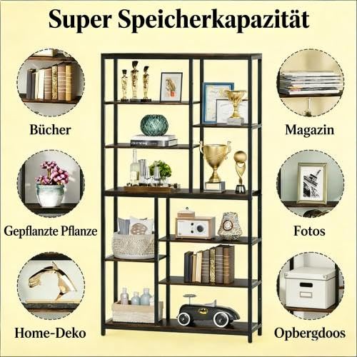 Libreria in stile industriale - Scaffale alto con ripiani a gradini in metallo e truciolato, come divisorio e vetrina per soggiorno, balcone, 100 x 30 x 200 cm, nero/marrone rustico
