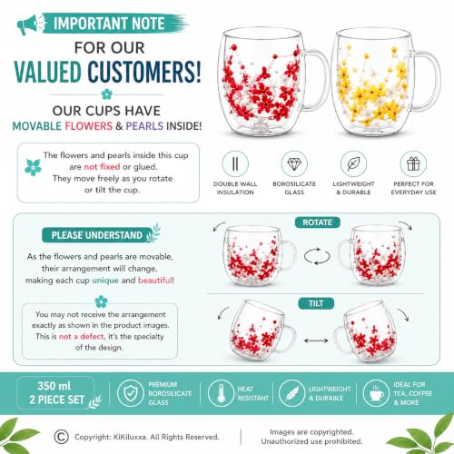 Image of KiKiluxxa 350ml Double Wall Glass Tea Coffee Mug Set of 2 | Glass Cups with Movable Decorative Flowers & Pearl Beads | Insulated Glass Mug for Tea, Coffee, Milk, Gift (Royal Lavender+Sky Bloom)