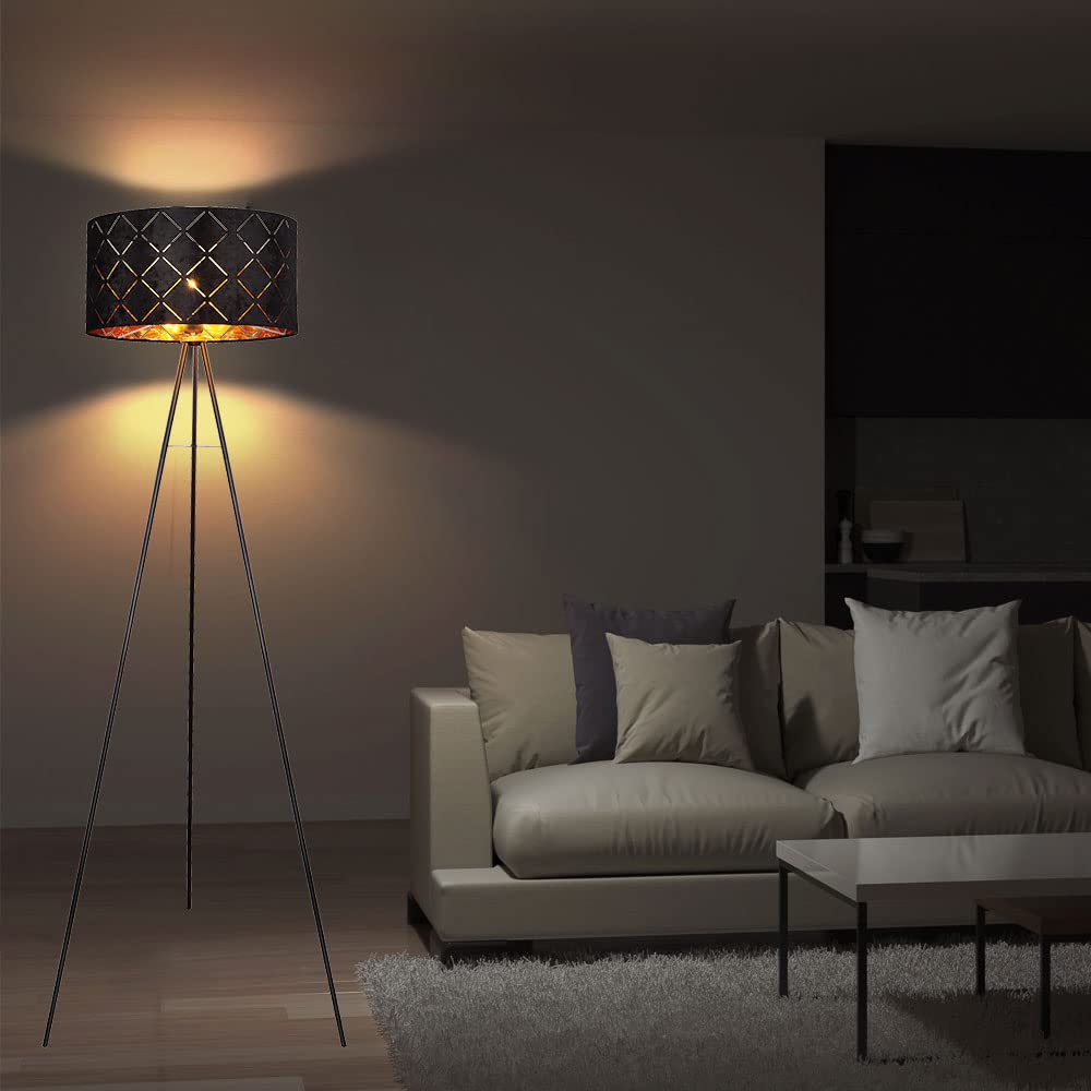 LED Stehlampe Stehleuchte Beistelllampe Wohnzimmerlampe Schlafzimmerleuchte Stativleuchte, 3 Beine textilschirm schwarz gold, 9W 810 lm warmweiß, DxH 69x149cm