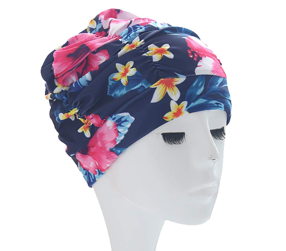 FSSTUD Women Ladies Floral Printed Pleated Swimming Cap Hat Swim Hat Bathing Cap