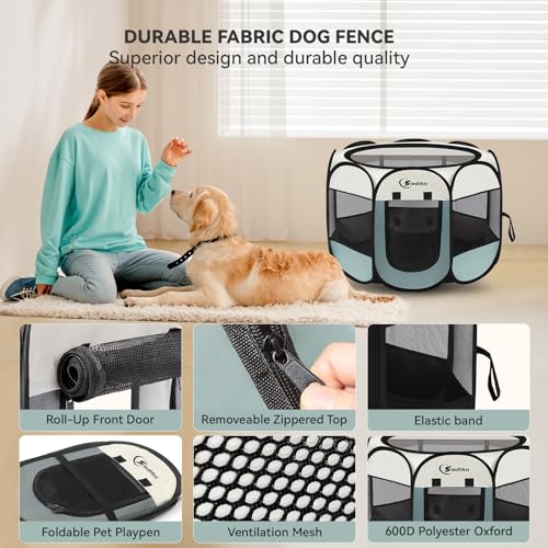 Image of Siedihit Large Dog Cat Playpen, Puppy Pet Playpen Indoor for Dog Crate Tent Cage Outdoor, Portable Pop Up Dogs Enclosure Kennel with Carrying Case for Dogs /Cats /Rabbits, Grey