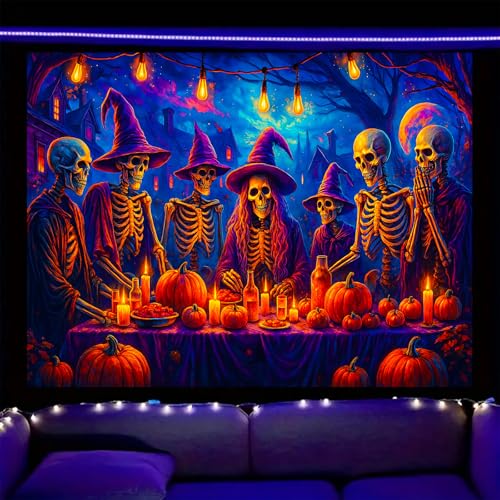 Image of Nuxovilar Skeleton Dinner Wall Tapestry Polyester 78.74x59.05 In | Glow Poster Trippy Wall Art Holiday Decor UV Backdrop Living Room Bedroom Lounge Space Room (Skeleton Dinner)