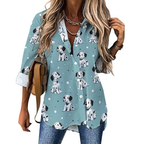Süßes gepunktetes Hunde-Hemd mit Knopfleiste für Damen, langärmelig, Button-Up-Shirt, Bluse, Tops, lässig, Mehrfarbig, XXL