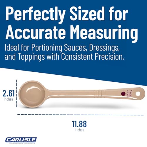 Image of Carlisle FoodService Products 1.5 Ounce Portion Control Spoon with Long Handle - Flat Bottom Measuring Ladle for Sauces & Condiments, Heat Resistant Kitchen Utensil, Beige, (Pack of 12)