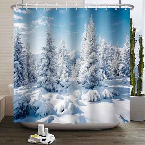 Kzzfqxb 183x213cm Cortinas de Ducha con Ganchos de plástico, Navidad Cielo Azul Rural Tierra Cubierta de Nieve y pinos, Tela de poliéster Impermeable para bañera, Decoración Invierno para baño